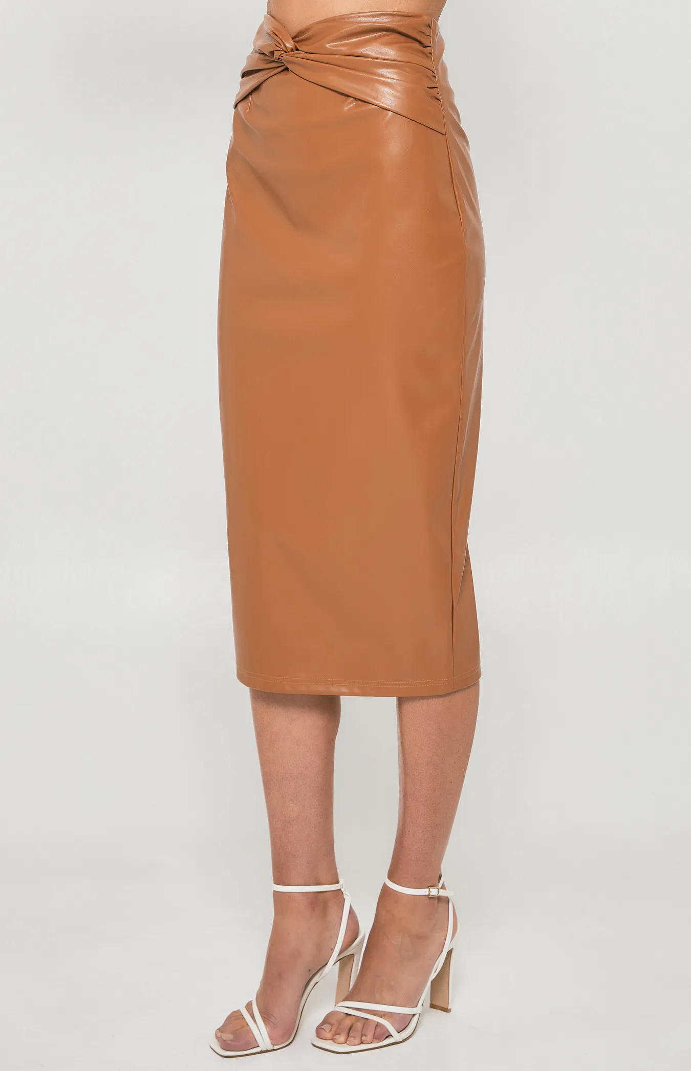 Faux Leather Midi Skirt with Knot Front Detail (SSK362B)