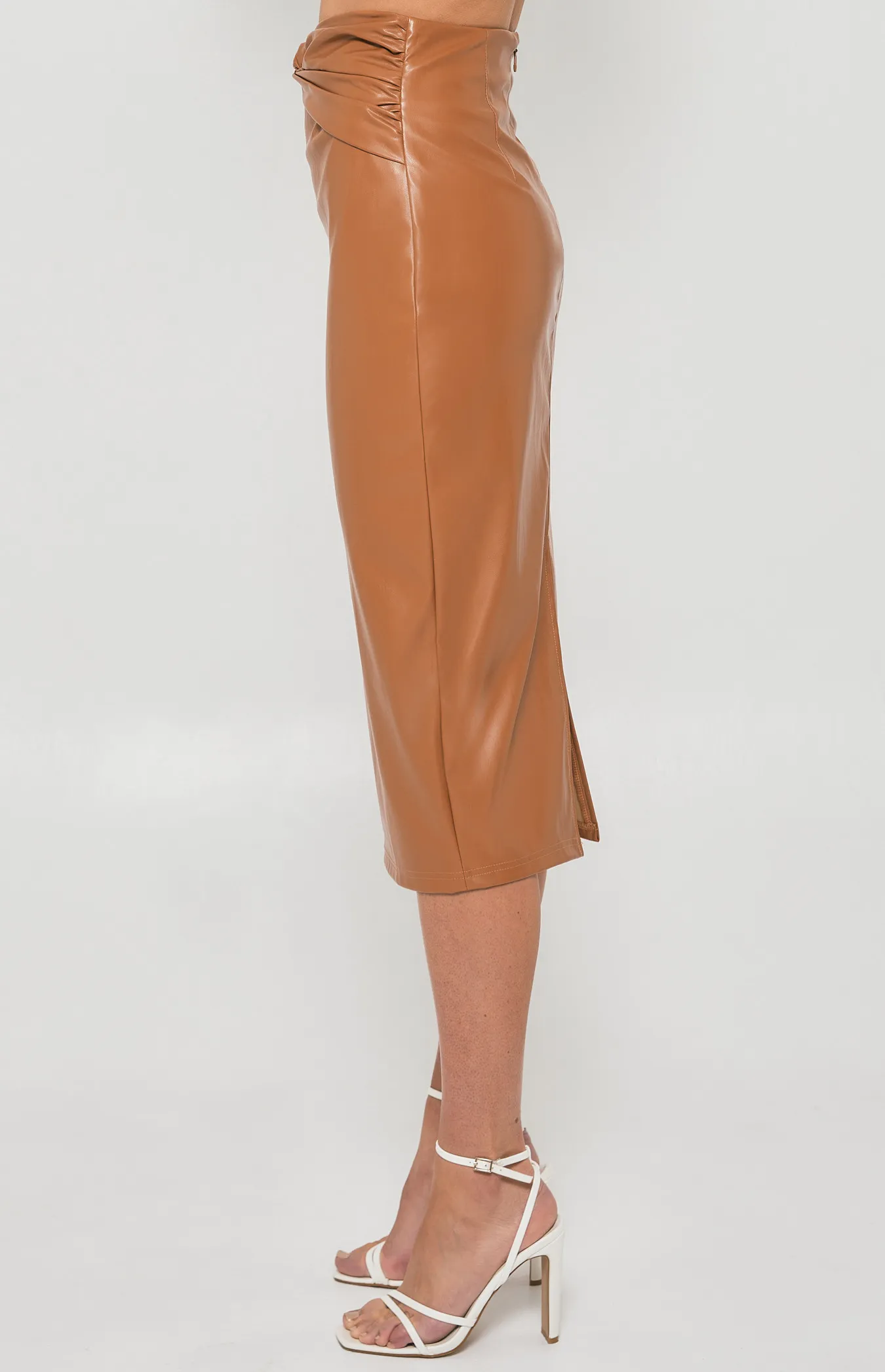 Faux Leather Midi Skirt with Knot Front Detail (SSK362B)