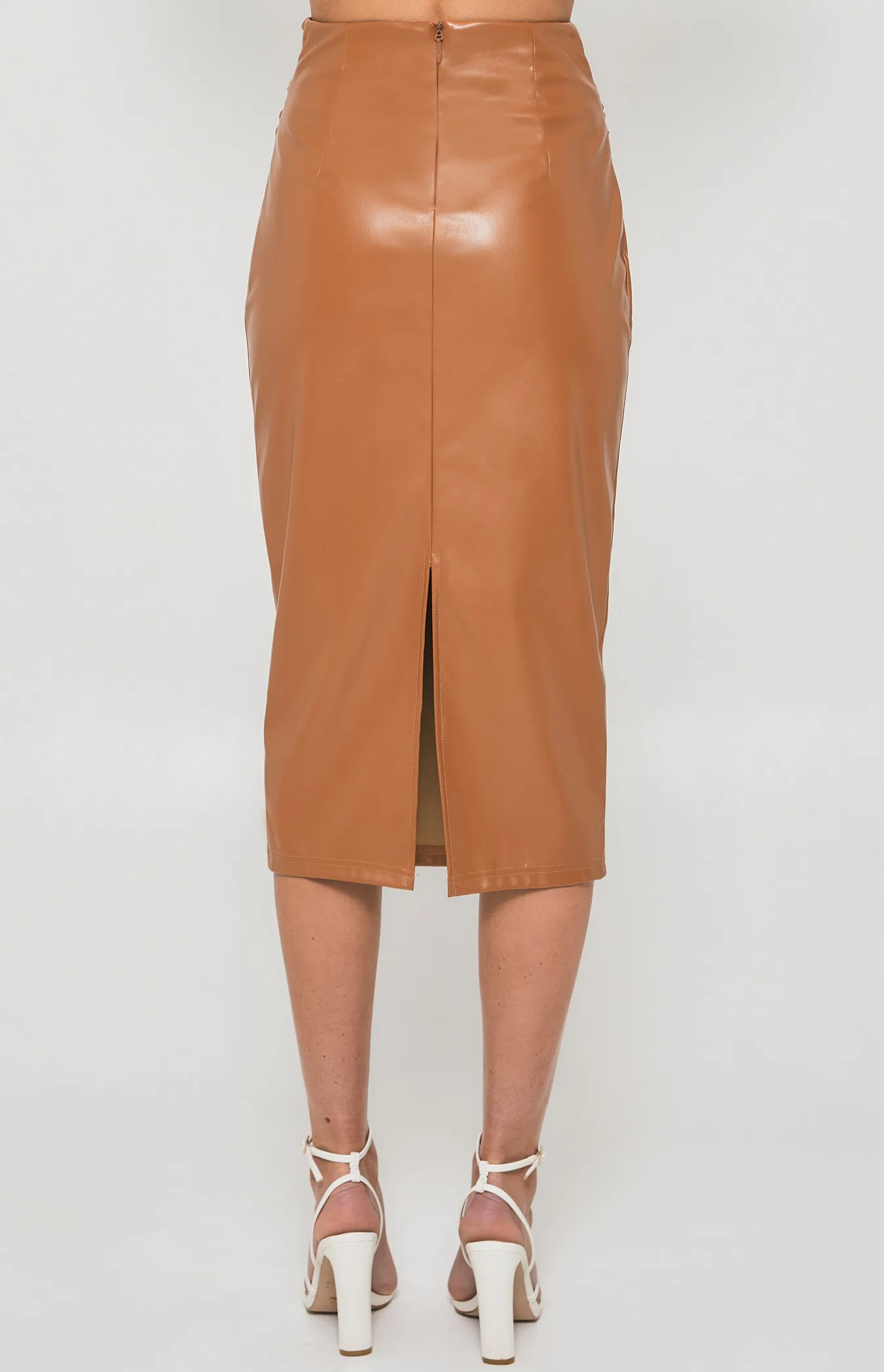 Faux Leather Midi Skirt with Knot Front Detail (SSK362B)