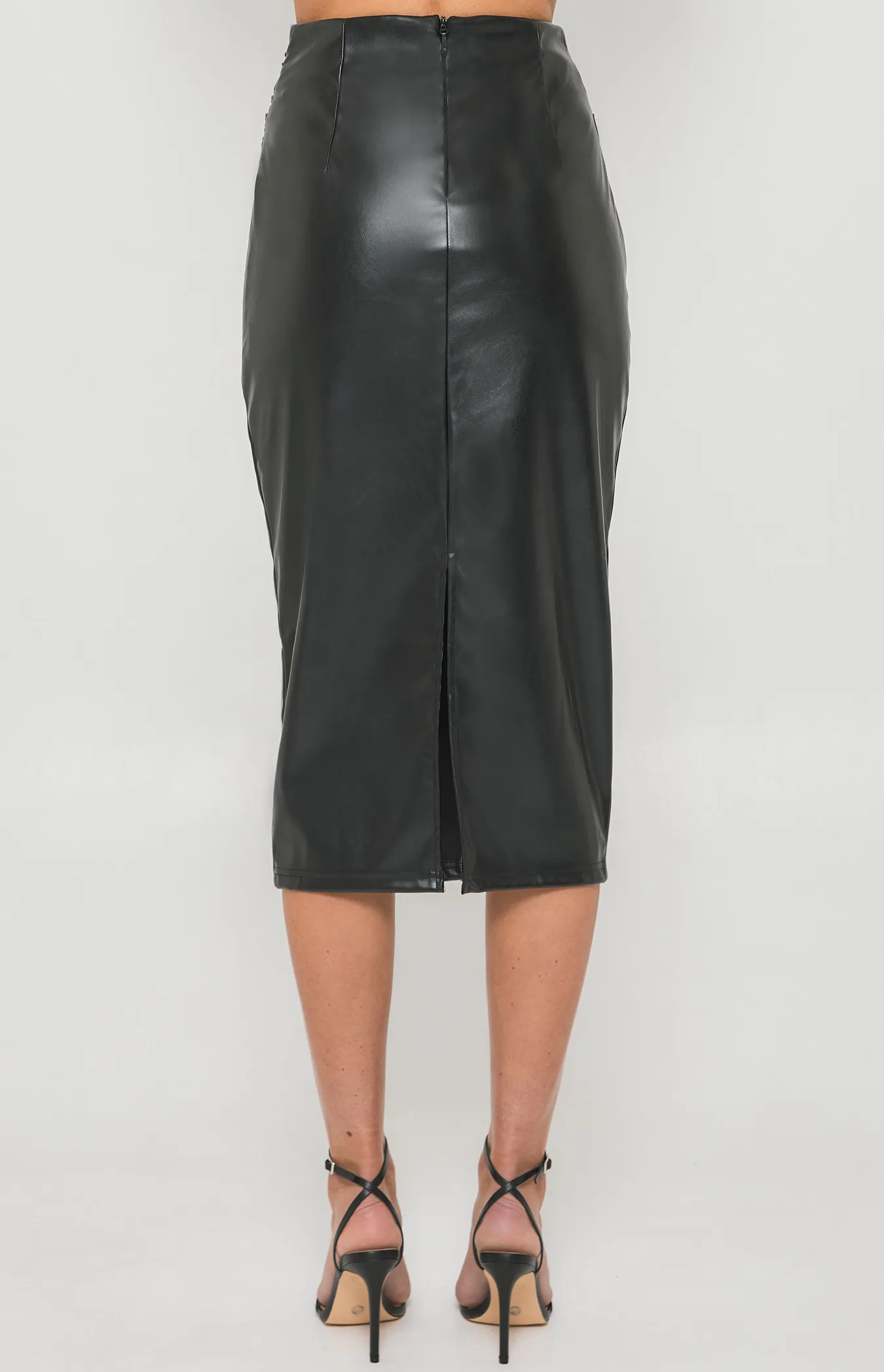 Faux Leather Midi Skirt with Knot Front Detail (SSK362B)