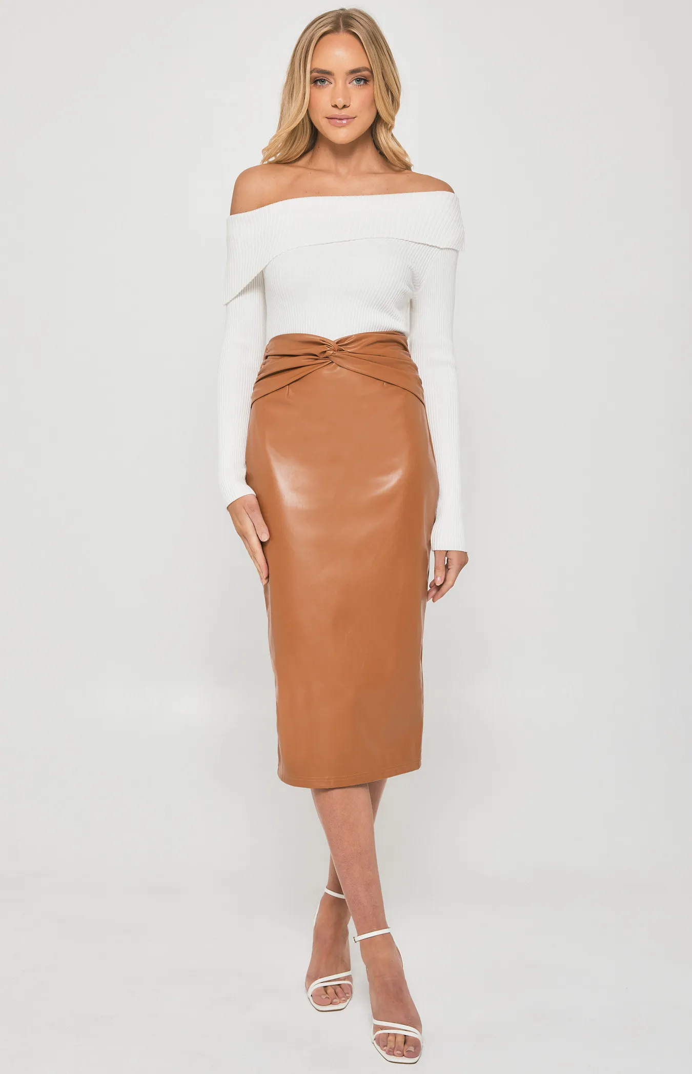 Faux Leather Midi Skirt with Knot Front Detail (SSK362B)