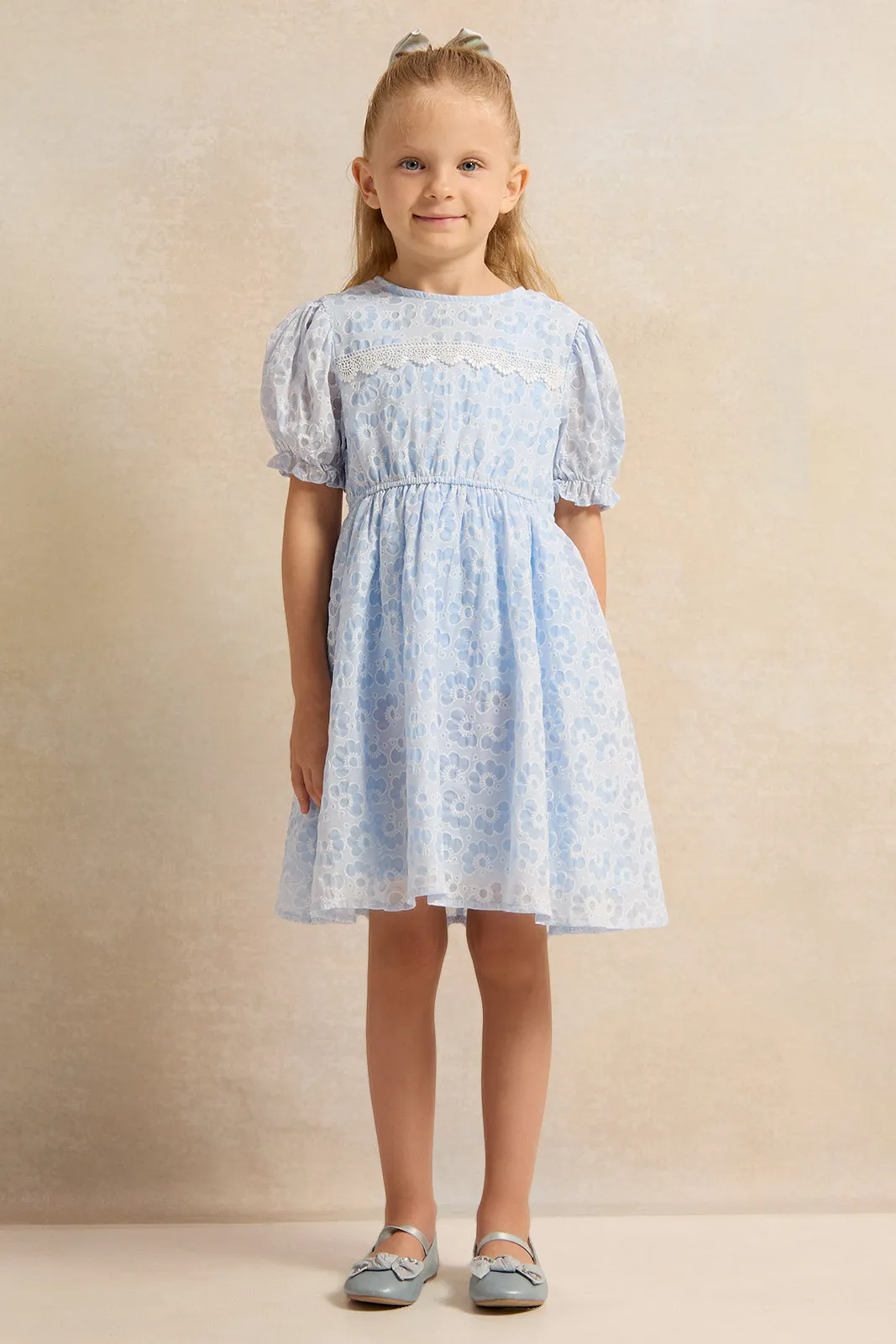 Girls Blue Jacquard Dress