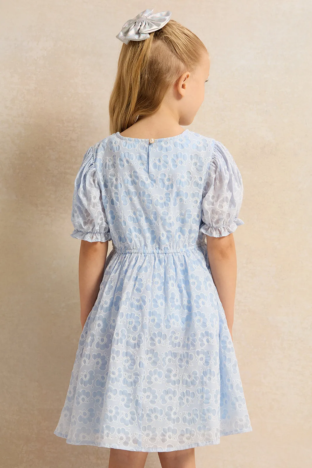 Girls Blue Jacquard Dress