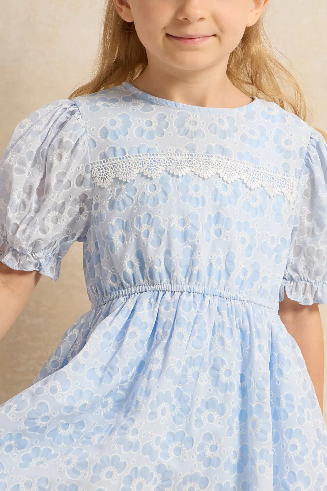 Girls Blue Jacquard Dress