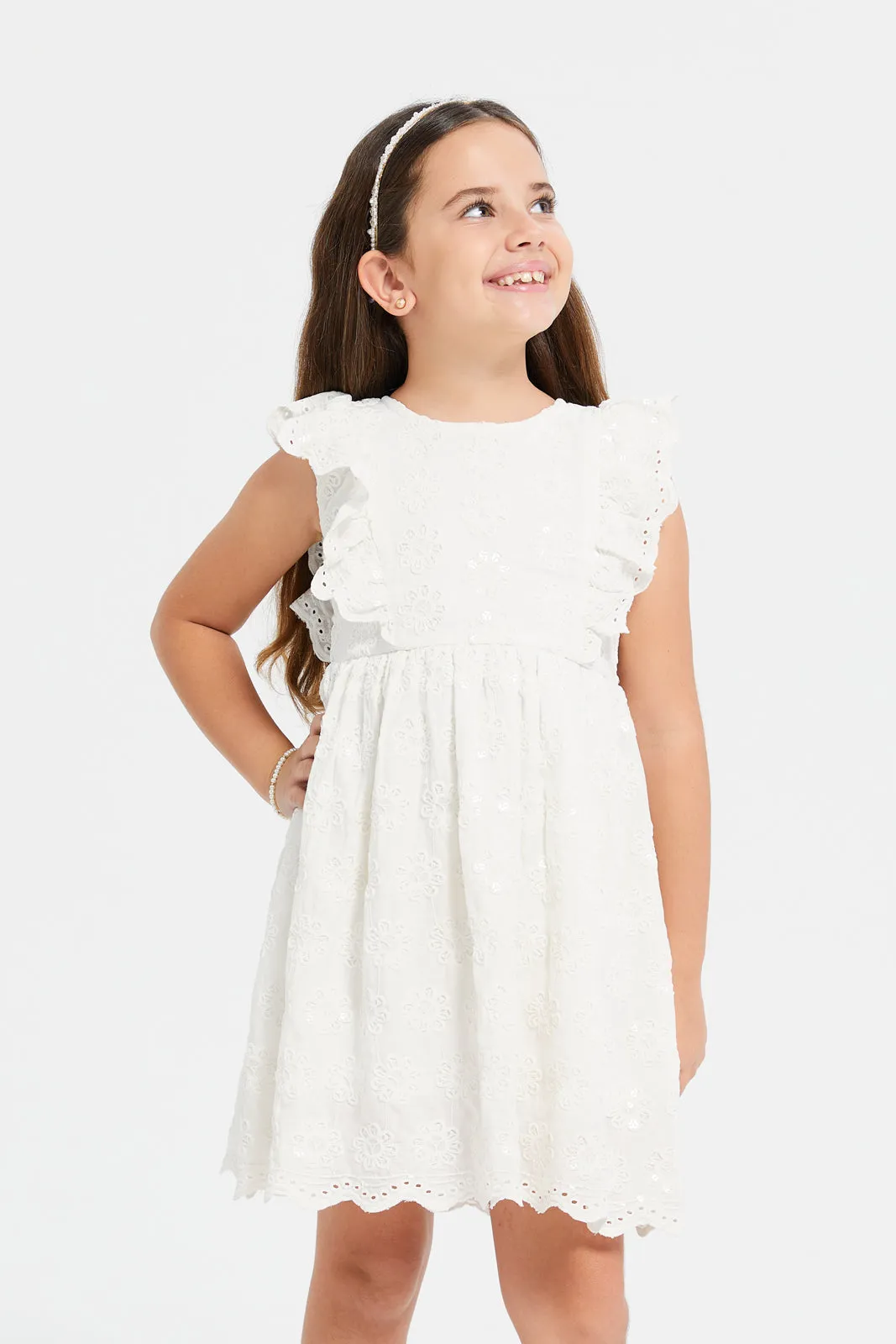 Girls White Embroidered Dress