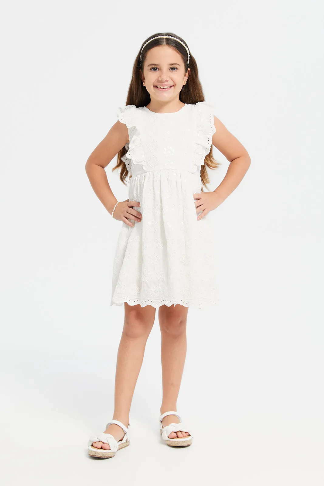 Girls White Embroidered Dress