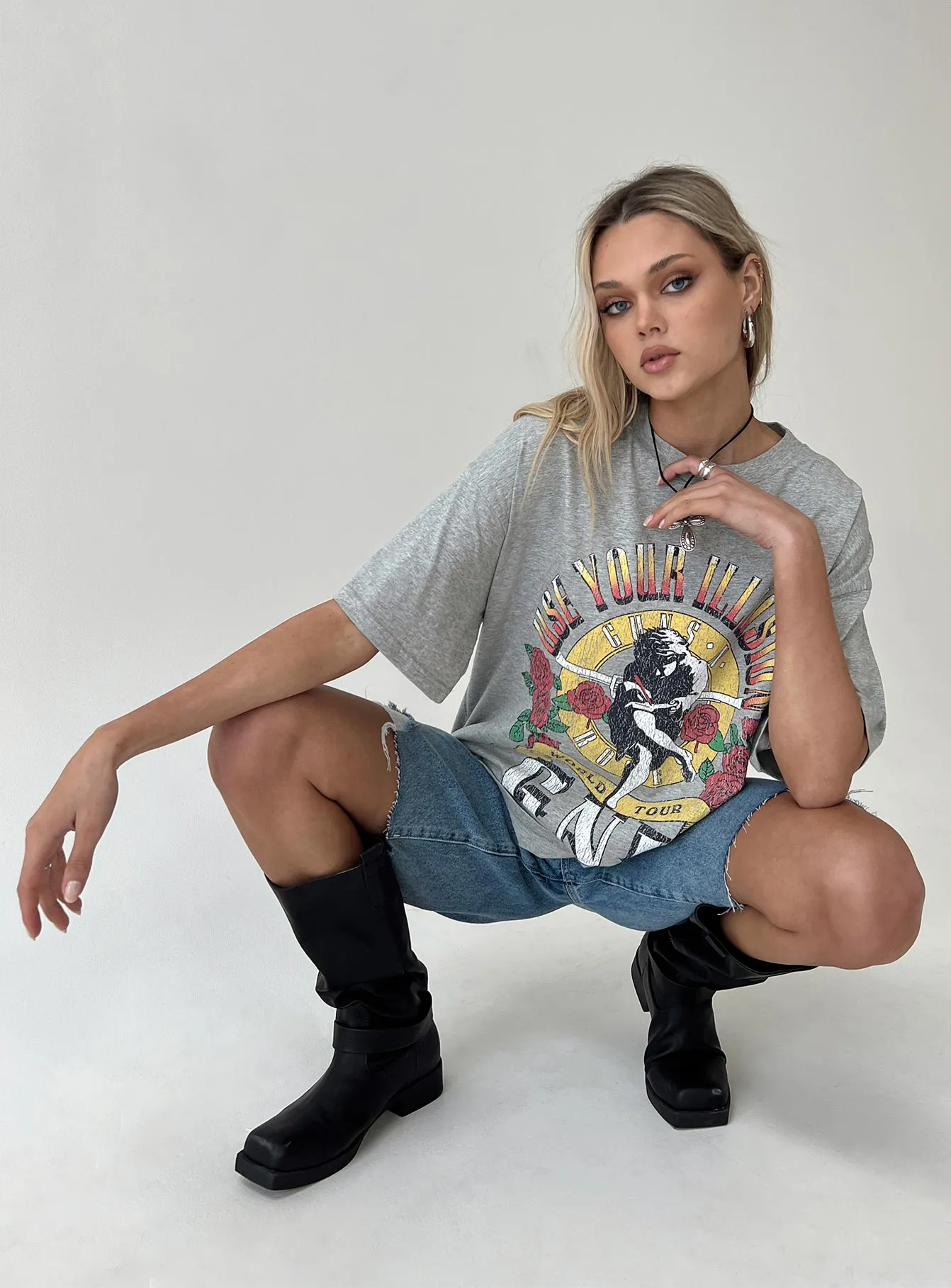 Guns & Roses Illusion Oversized Tee Grey