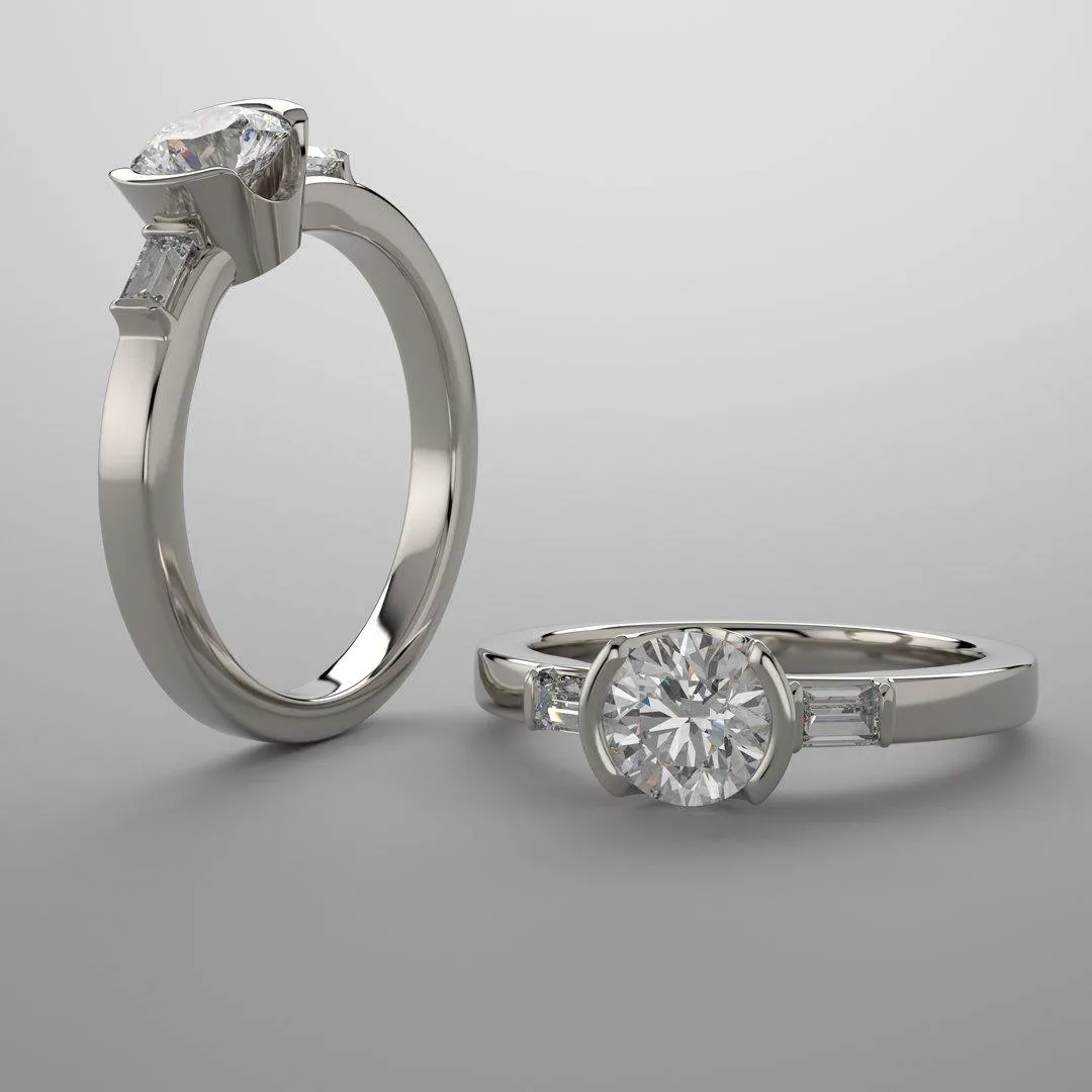 Harper - Three Stone Semi-Bezel Set Engagement Ring with Baguette-shaped Lab Diamonds - Setting only