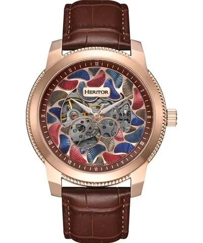 Heritor Automatic Men's Brown / Rose Gold Emmanuel Semi-Skeleton Leather-Band Watch