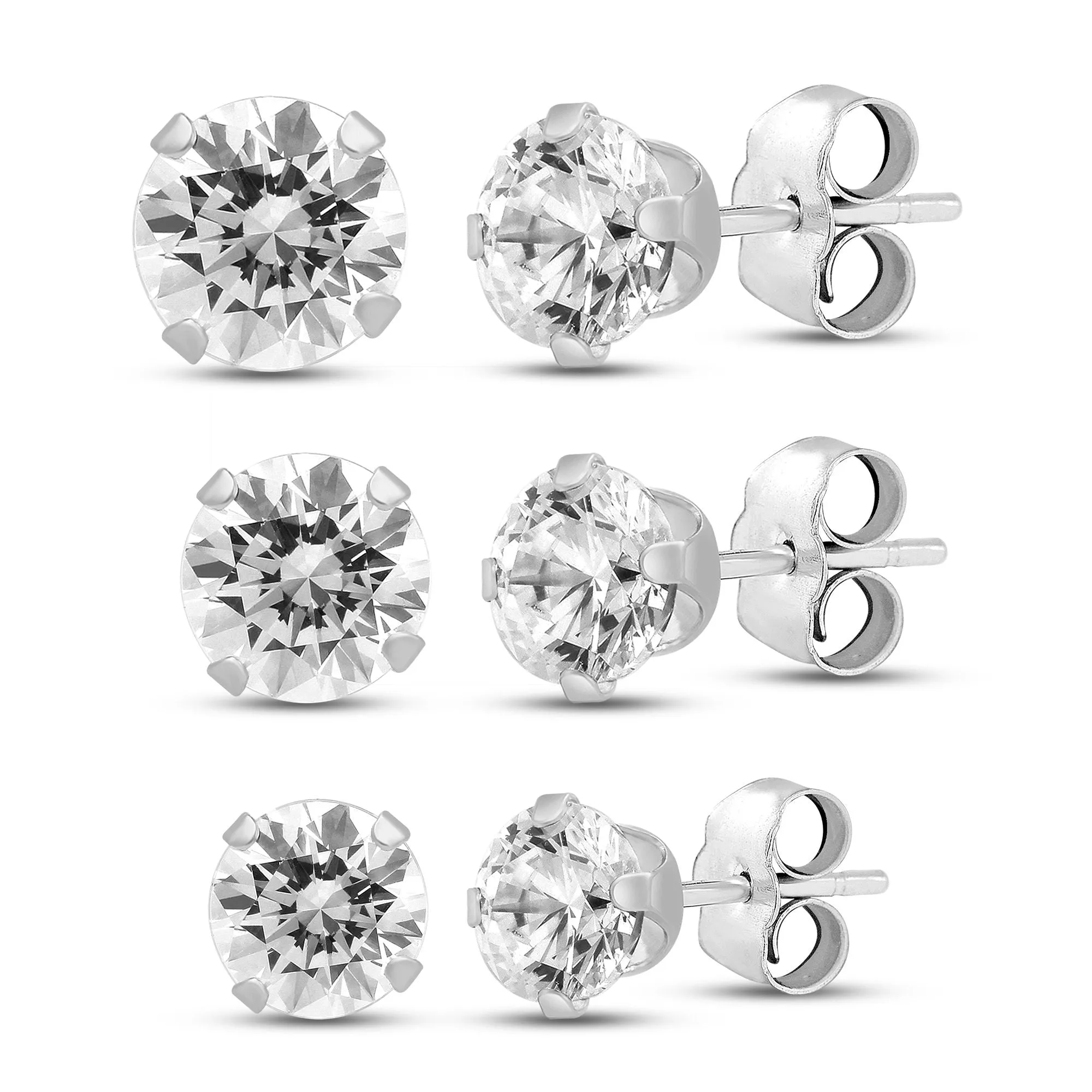 Jewelili 10K White Gold With Cubic Zirconia 3 Single Stud Earrings Set