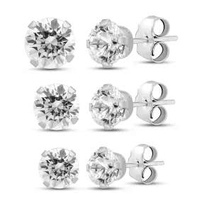 Jewelili 10K White Gold With Cubic Zirconia 3 Single Stud Earrings Set