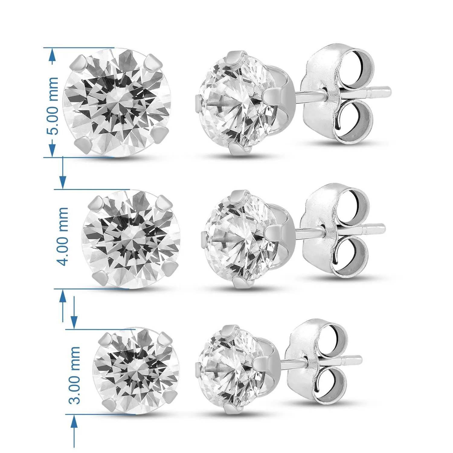 Jewelili 10K White Gold With Cubic Zirconia 3 Single Stud Earrings Set