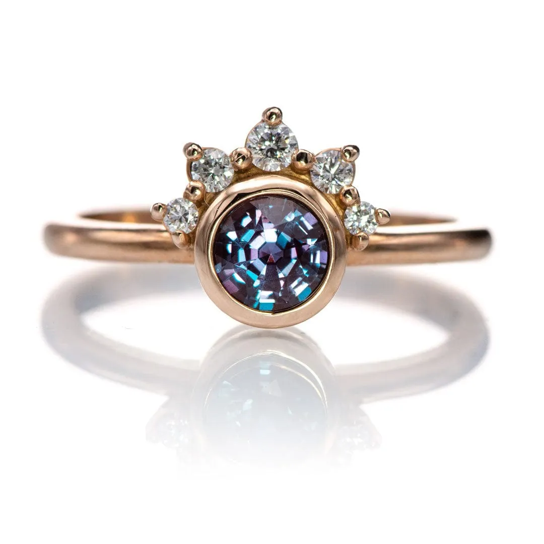 Juno - Bezel Set Round Alexandrite 14k Rose Gold Engagement Ring with Diamond Half Halo Accents