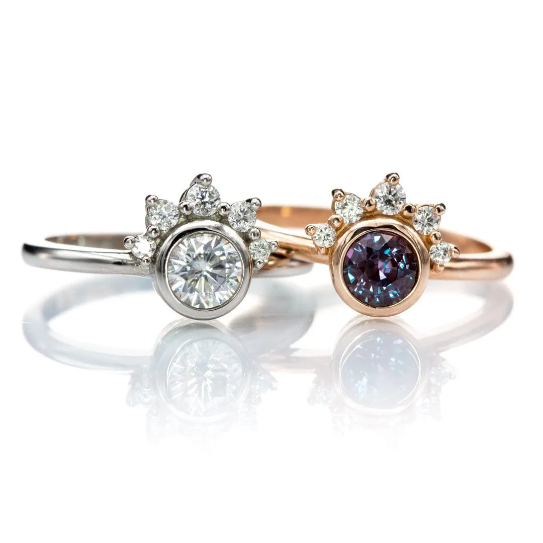 Juno - Bezel Set Round Alexandrite 14k Rose Gold Engagement Ring with Diamond Half Halo Accents