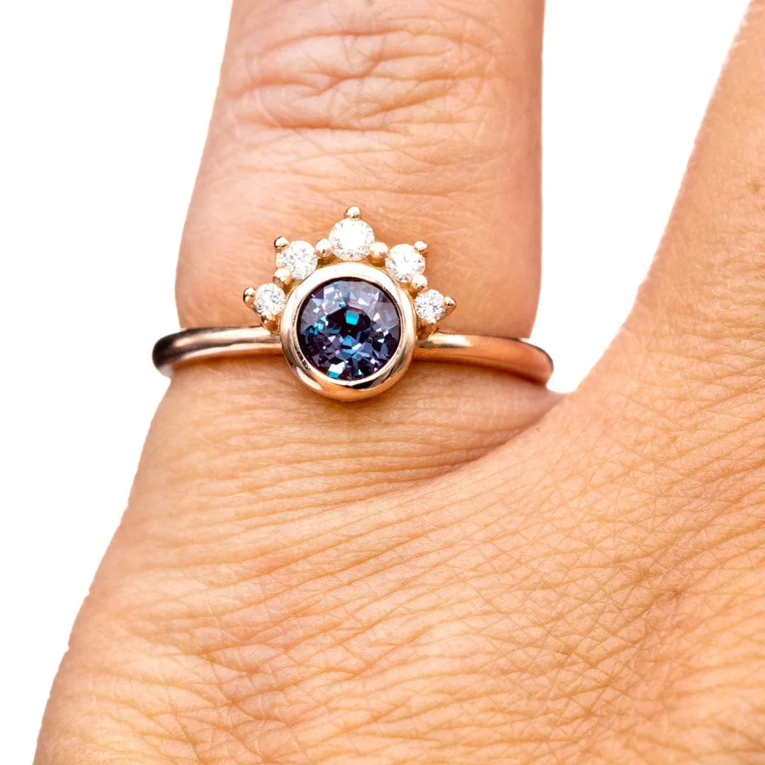 Juno - Bezel Set Round Alexandrite 14k Rose Gold Engagement Ring with Diamond Half Halo Accents