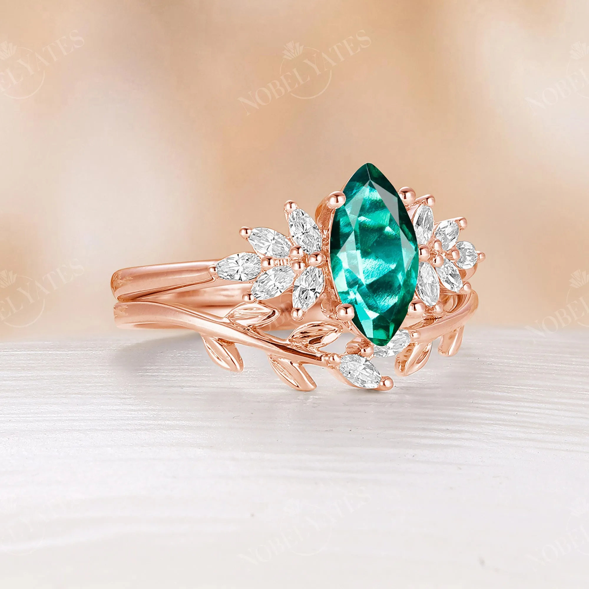 Lab Emerald Marquise Cut Engagement Ring Set Leaf Design Wedding Band