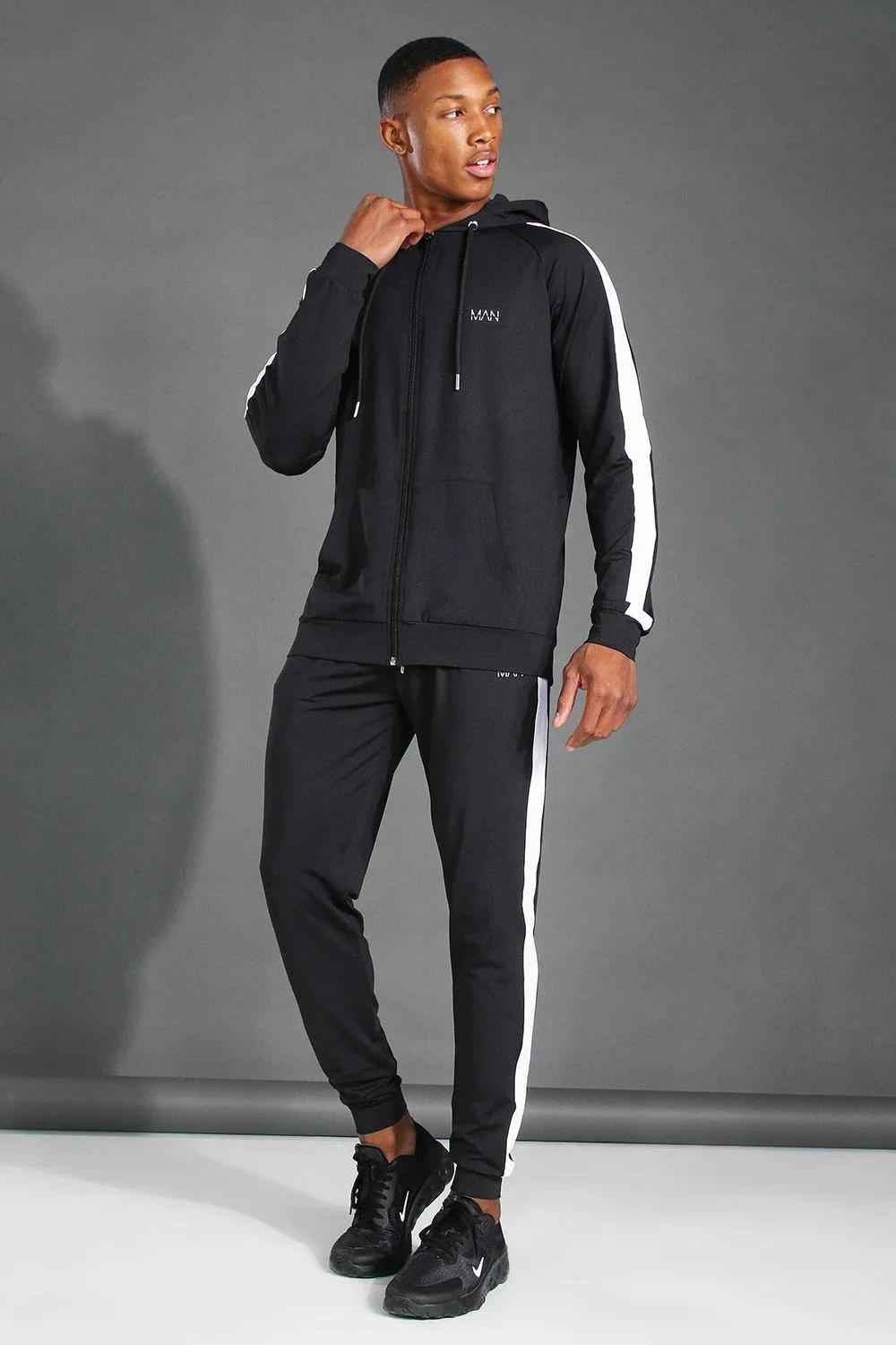 MAN Active Side Stripe Zip Hooded Tracksuit | boohooMAN UK