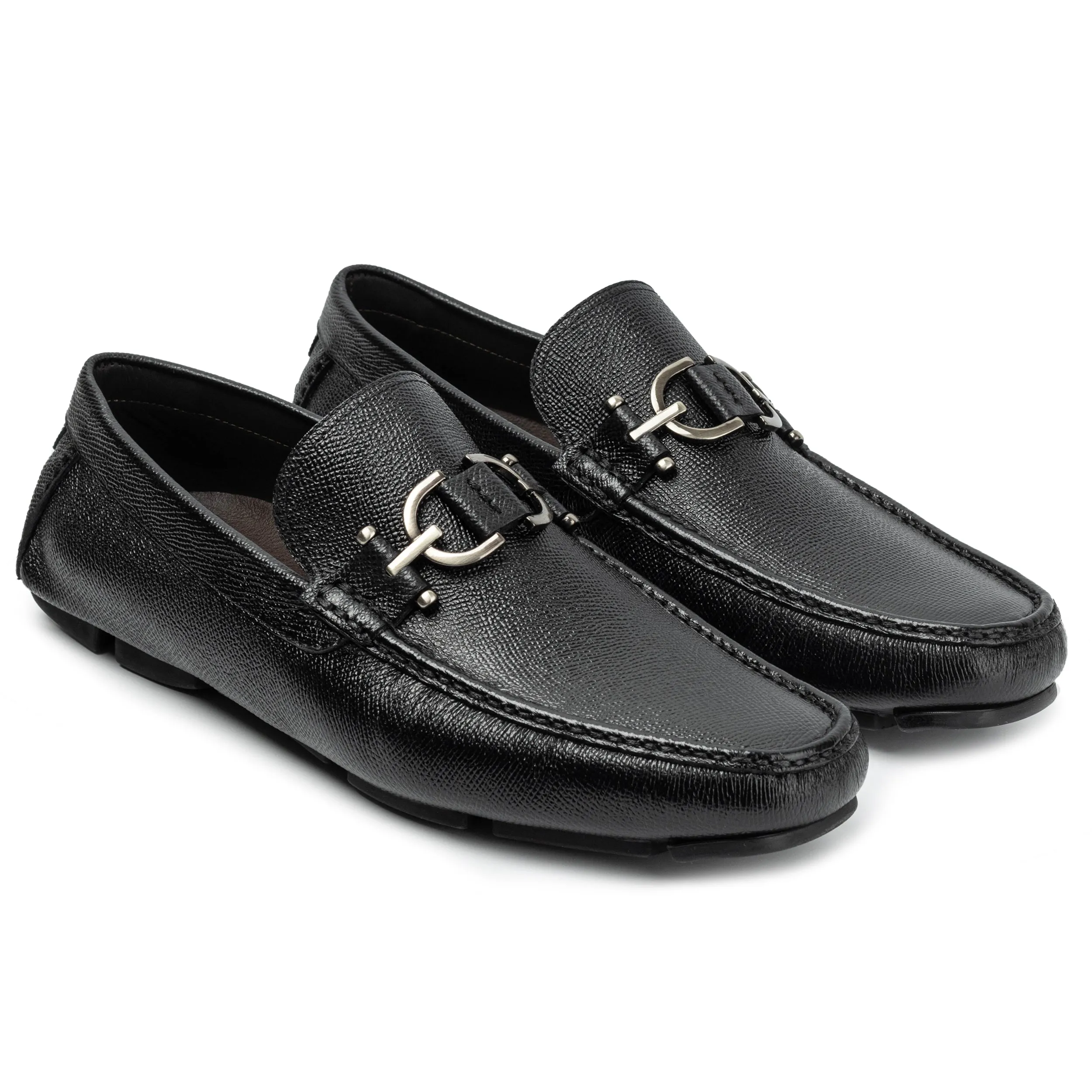 Mens  black leather buckle driving shoes-rubber sole