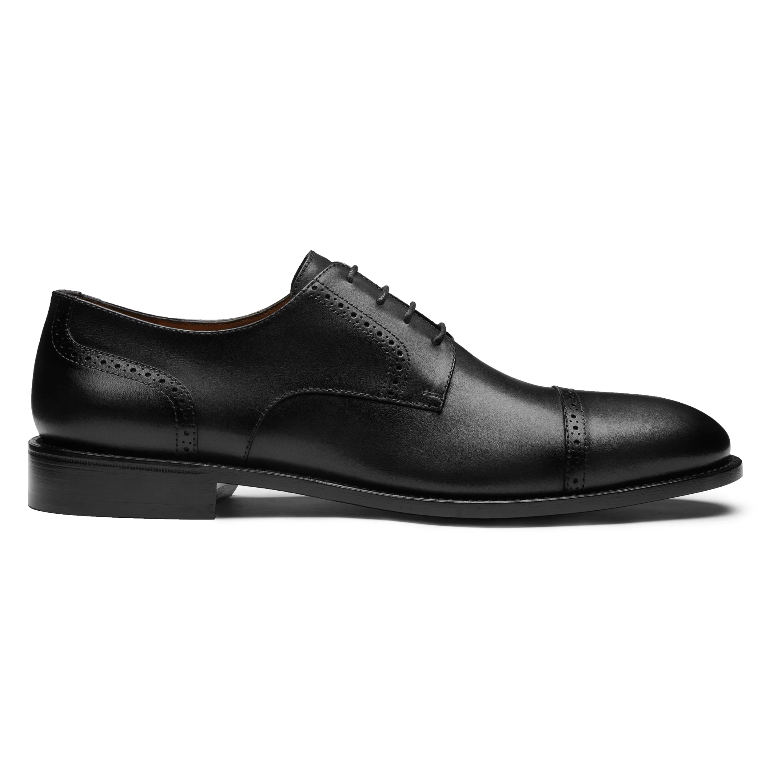 Mens black leather cap toe derby shoes