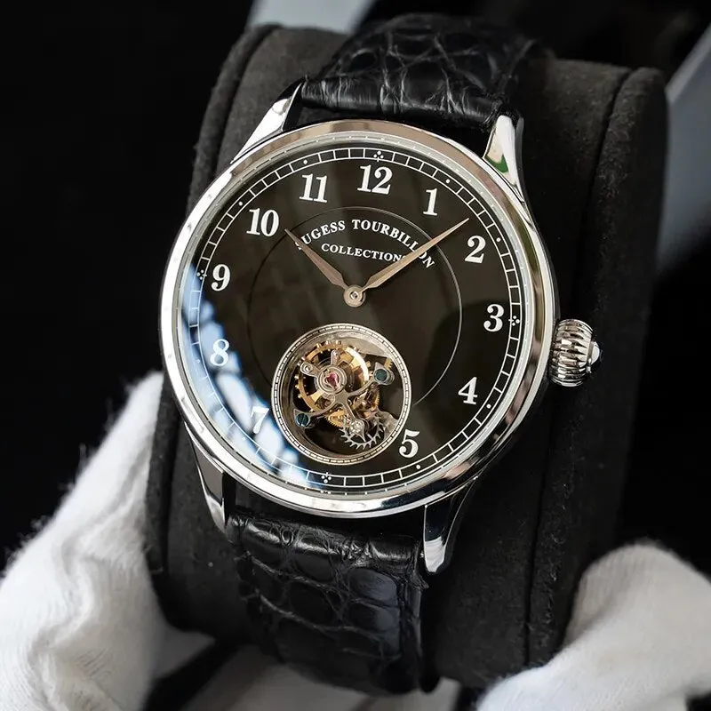 Men's Crocodile Leather Mechanical Hand Wind Business Tourbillon Watch