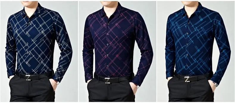 Men's Fashion Plaid Pattern Casual Business Slim Fit Long Sleeve Shirt