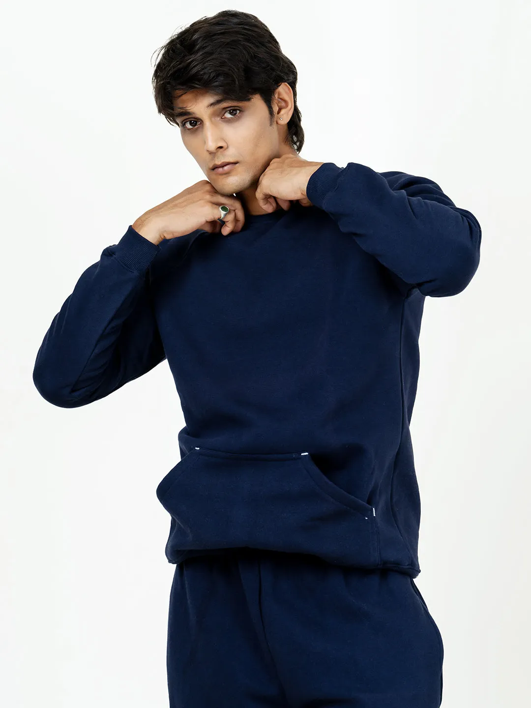 Navy Blue Round Neck Sweatshirt With Jogger Co-ord Set