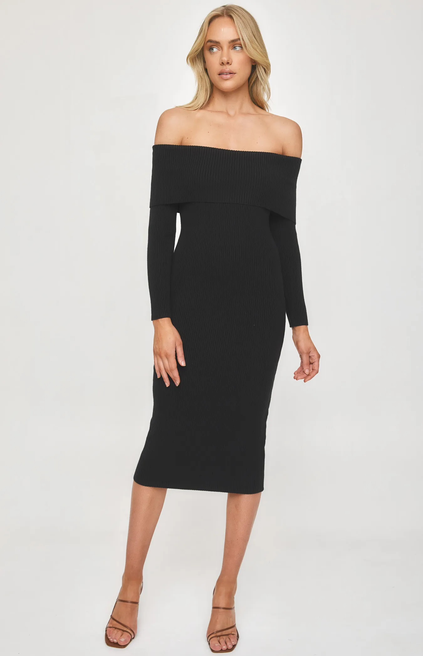 Off the Shoulder Long Sleeve Knit Midi Dress (SKN471)