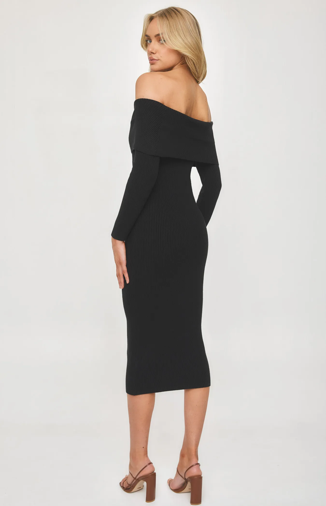 Off the Shoulder Long Sleeve Knit Midi Dress (SKN471)