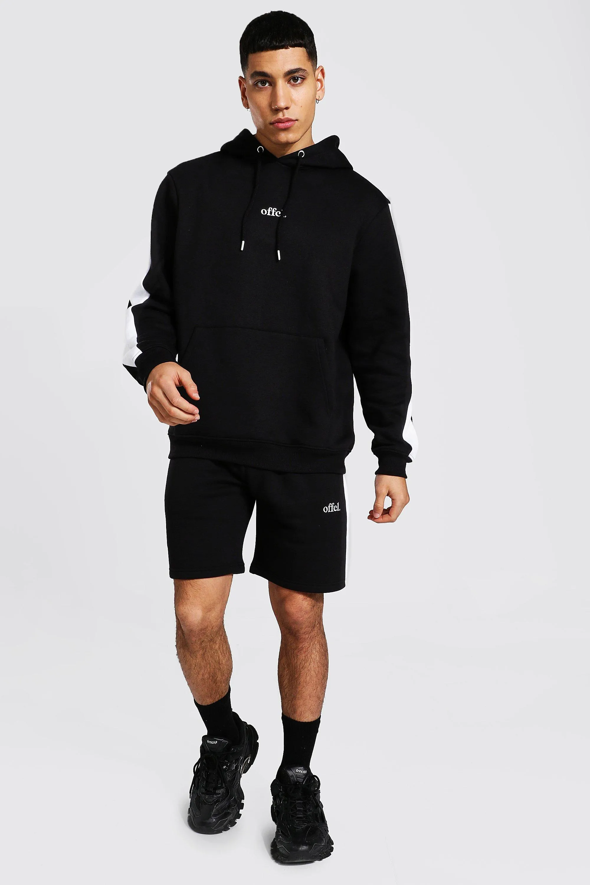 Offcl Side Panel Short Hooded Tracksuit | boohooMAN UK