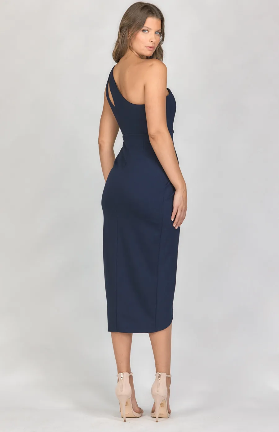 One Shoulder Cut Out Detail Dress with Tulip Hem (SDR1162A)