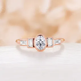 Oval Moissanite Bezel Set Engagement Ring Art Deco Rose Gold