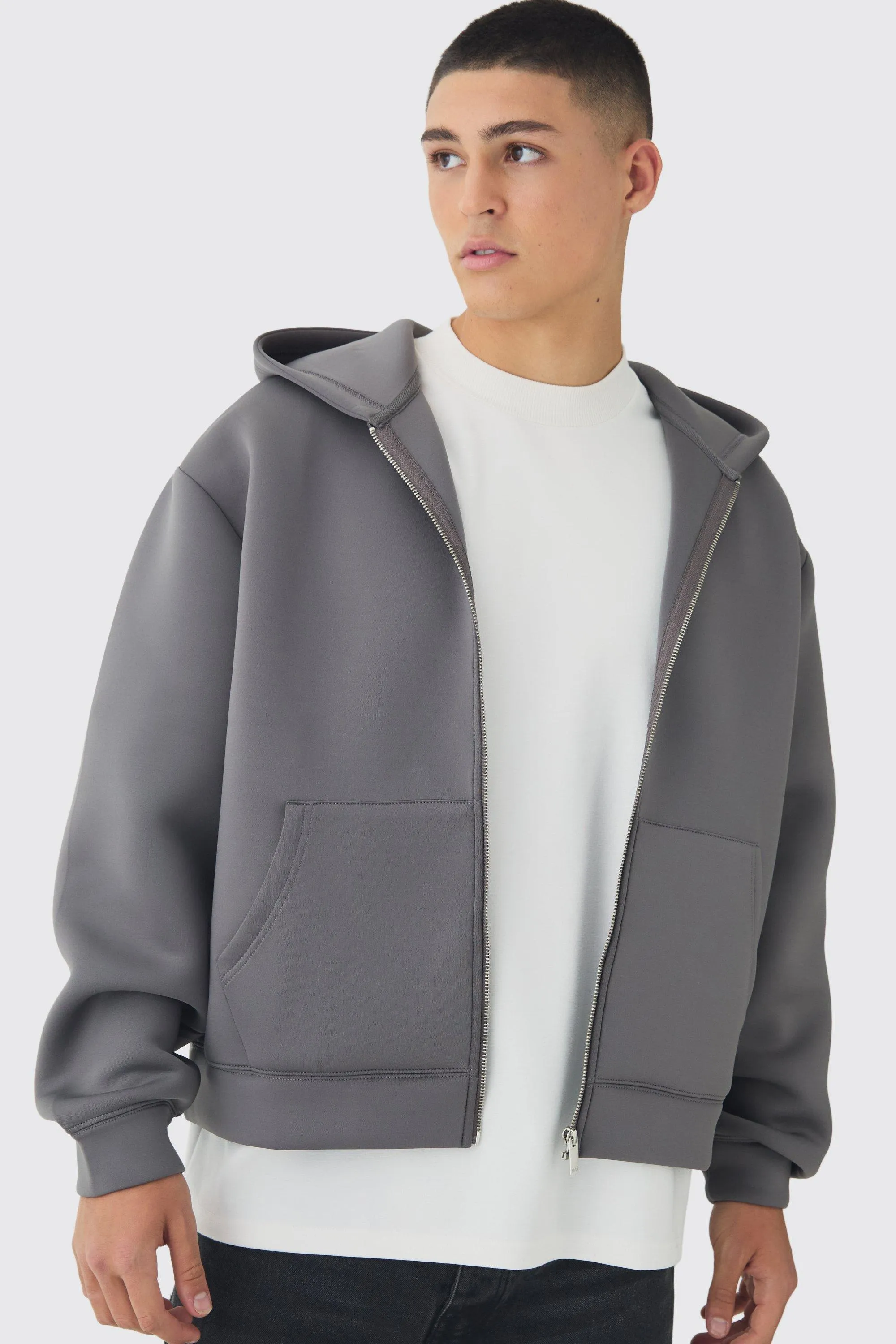 Oversized Boxy Bonded Zip Through Scuba Hoodie