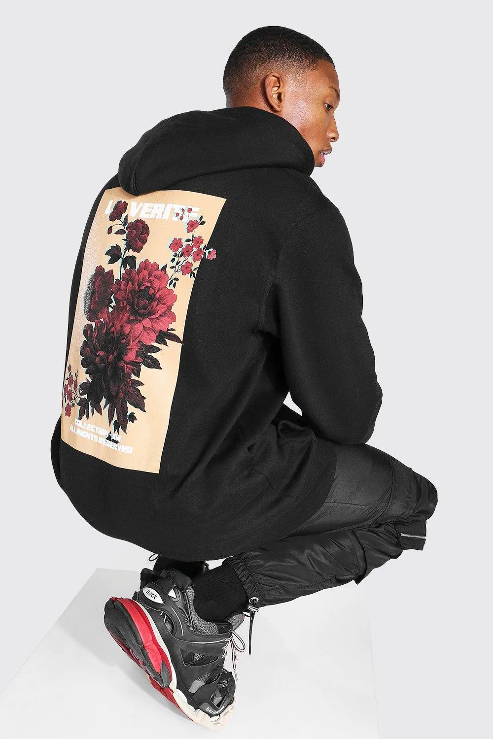 Oversized Flower Graphic Back Print Hoodie | boohooMAN UK