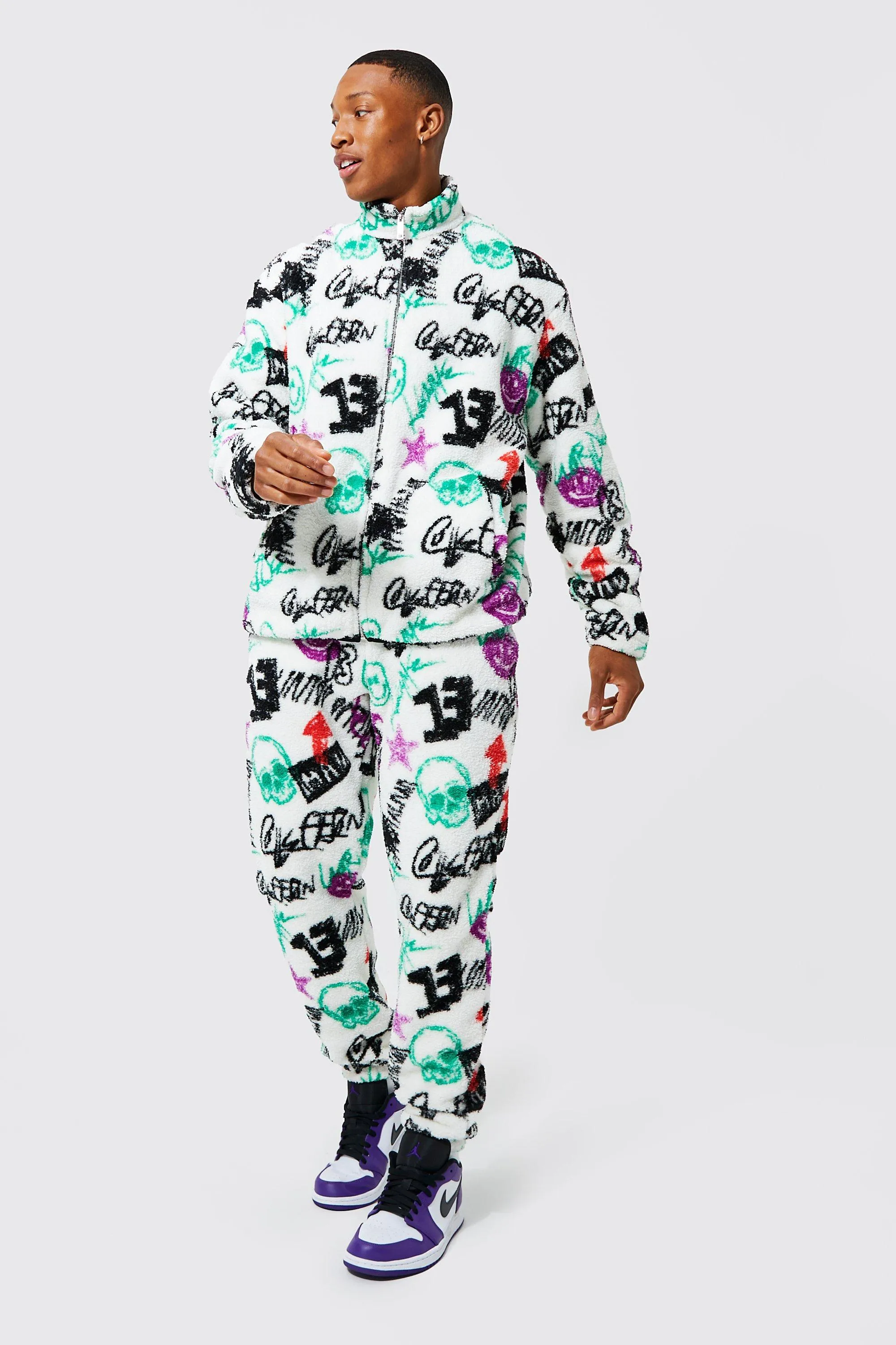 Oversized Graffiti Borg Zip Tracksuit | boohooMAN UK