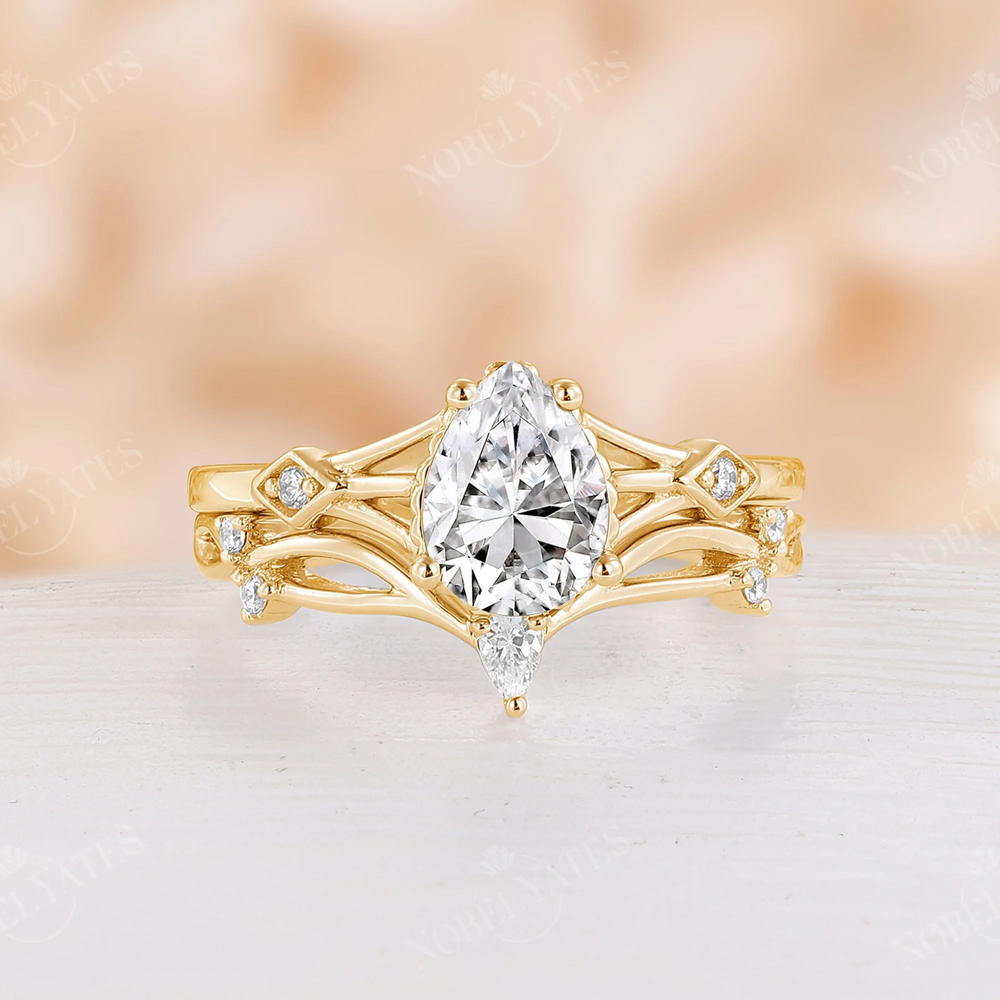 Pear Moissanite Vintage Engagement Ring Set Split Band Rose Gold