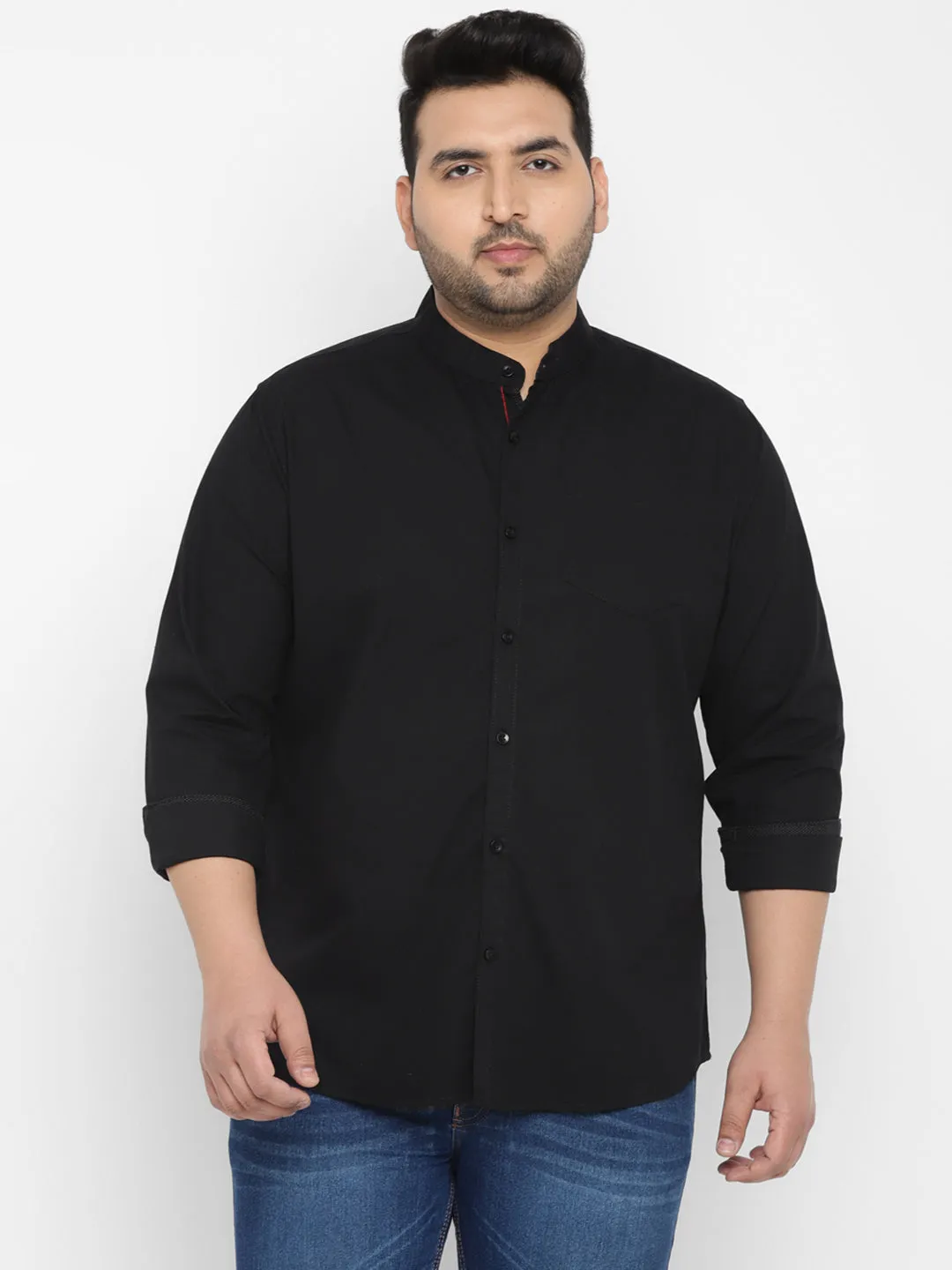 Plus Men's Black Cotton Full Sleeve Regular Fit Casual Solid Shirt with Mandarin Collar