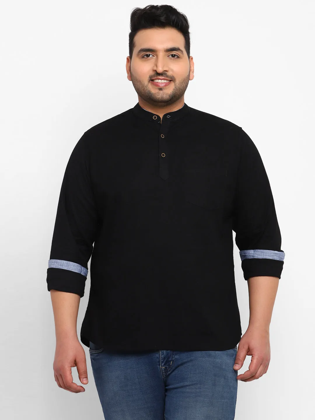 Plus Men's Black Cotton Full Sleeve Regular Fit Casual Solid Shirt