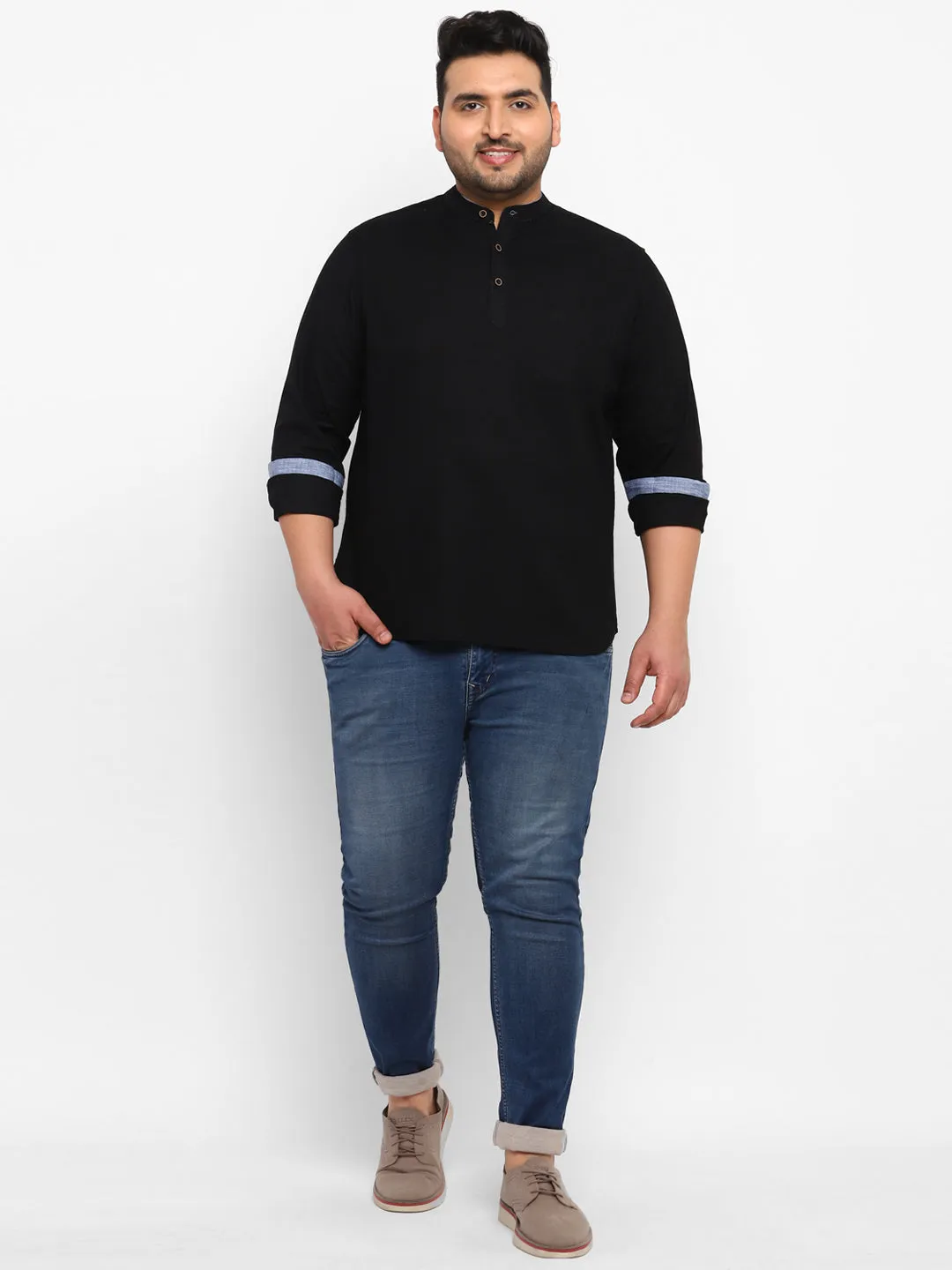 Plus Men's Black Cotton Full Sleeve Regular Fit Casual Solid Shirt