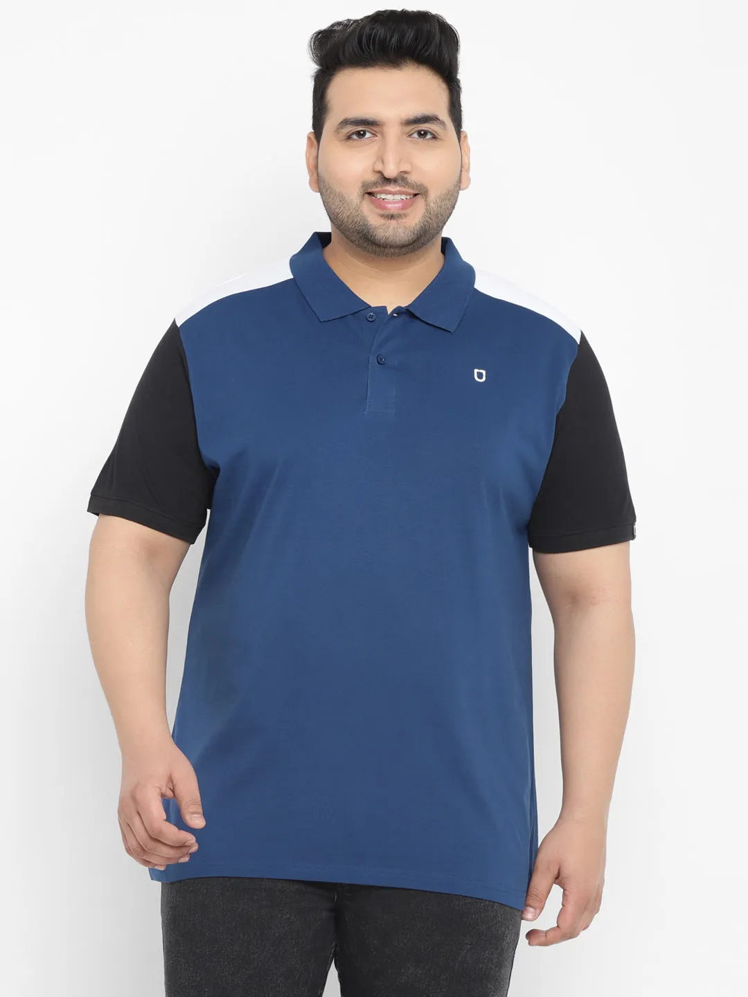 Plus Men's Dark Blue, Black Colour-Block Regular Fit Half Sleeve Cotton Polo T-Shirt