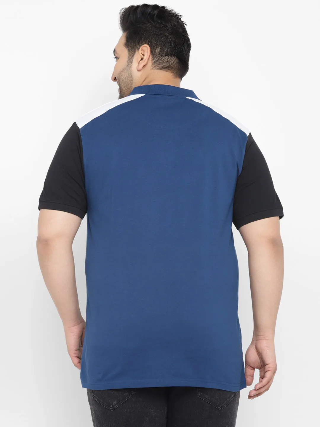 Plus Men's Dark Blue, Black Colour-Block Regular Fit Half Sleeve Cotton Polo T-Shirt