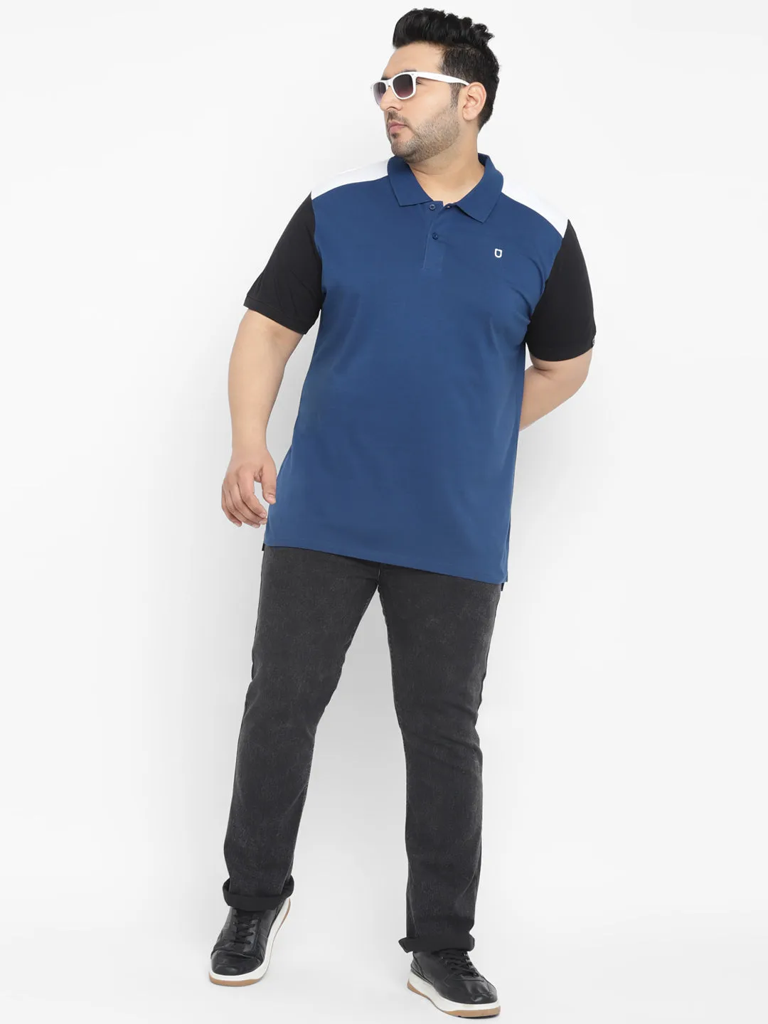 Plus Men's Dark Blue, Black Colour-Block Regular Fit Half Sleeve Cotton Polo T-Shirt