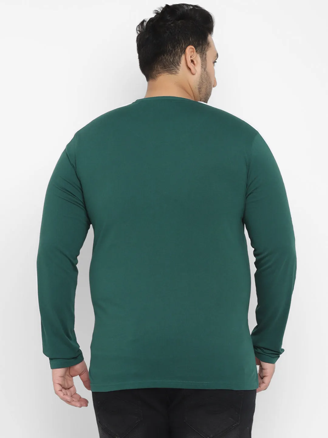 Plus Men's Green Color-Block Regular Fit Full Sleeve Cotton T-Shirt