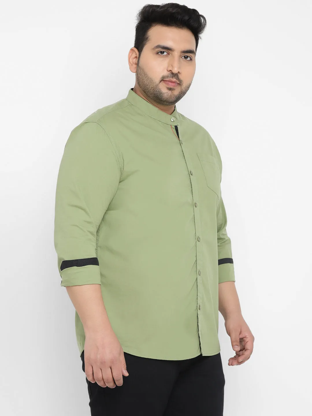 Plus Men's Green Cotton Full Sleeve Regular Fit Casual Solid Shirt with Mandarin Collar