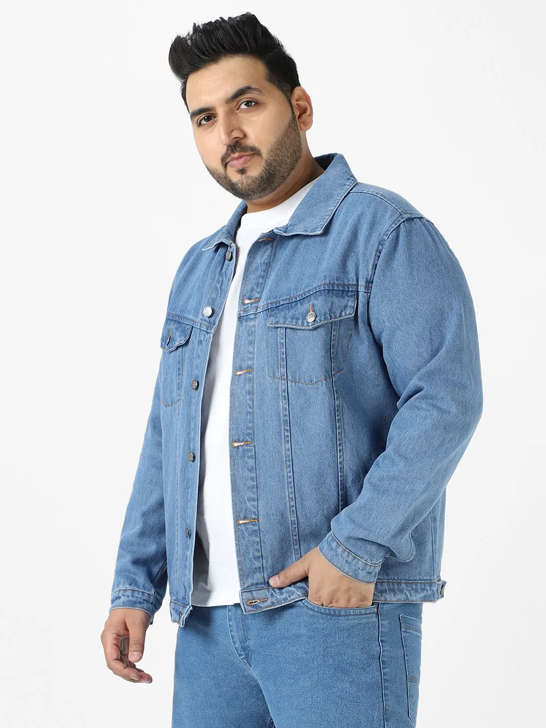 Plus Men's Light Blue Regular Fit Washed Full Sleeve Denim Jacket