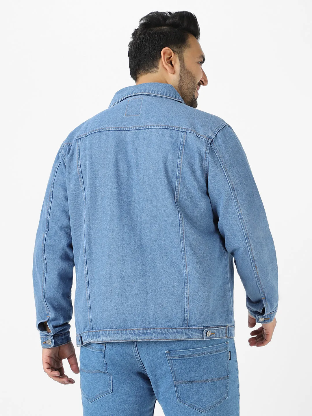 Plus Men's Light Blue Regular Fit Washed Full Sleeve Denim Jacket