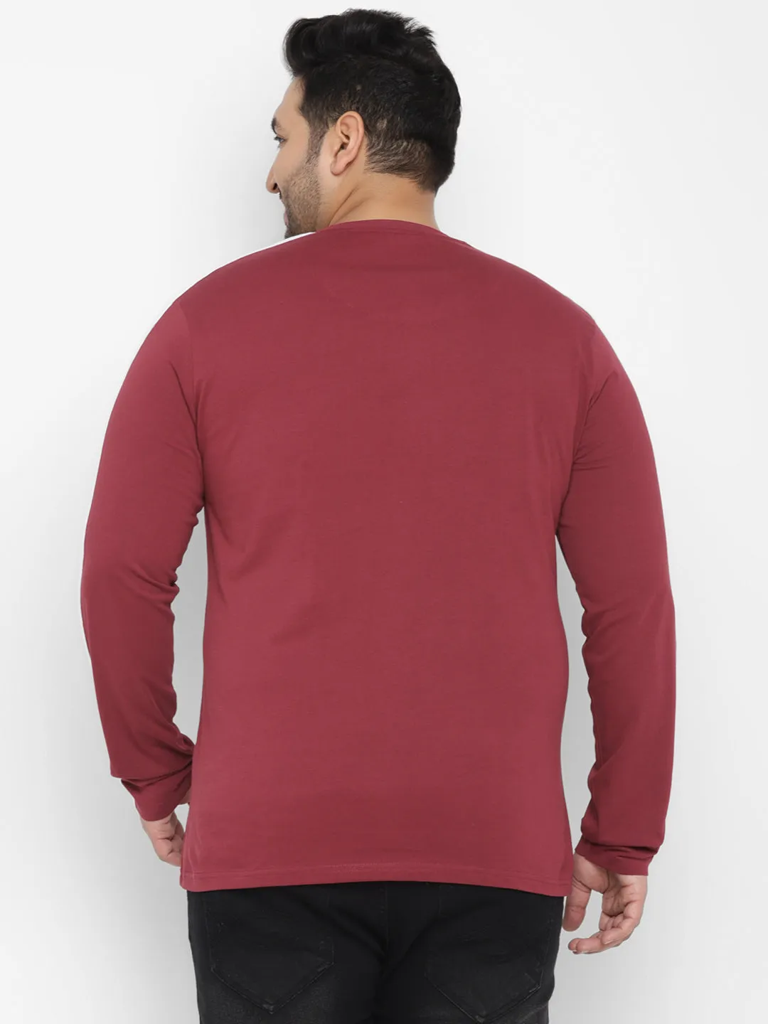 Plus Men's Maroon Color-Block Regular Fit Full Sleeve Cotton T-Shirt