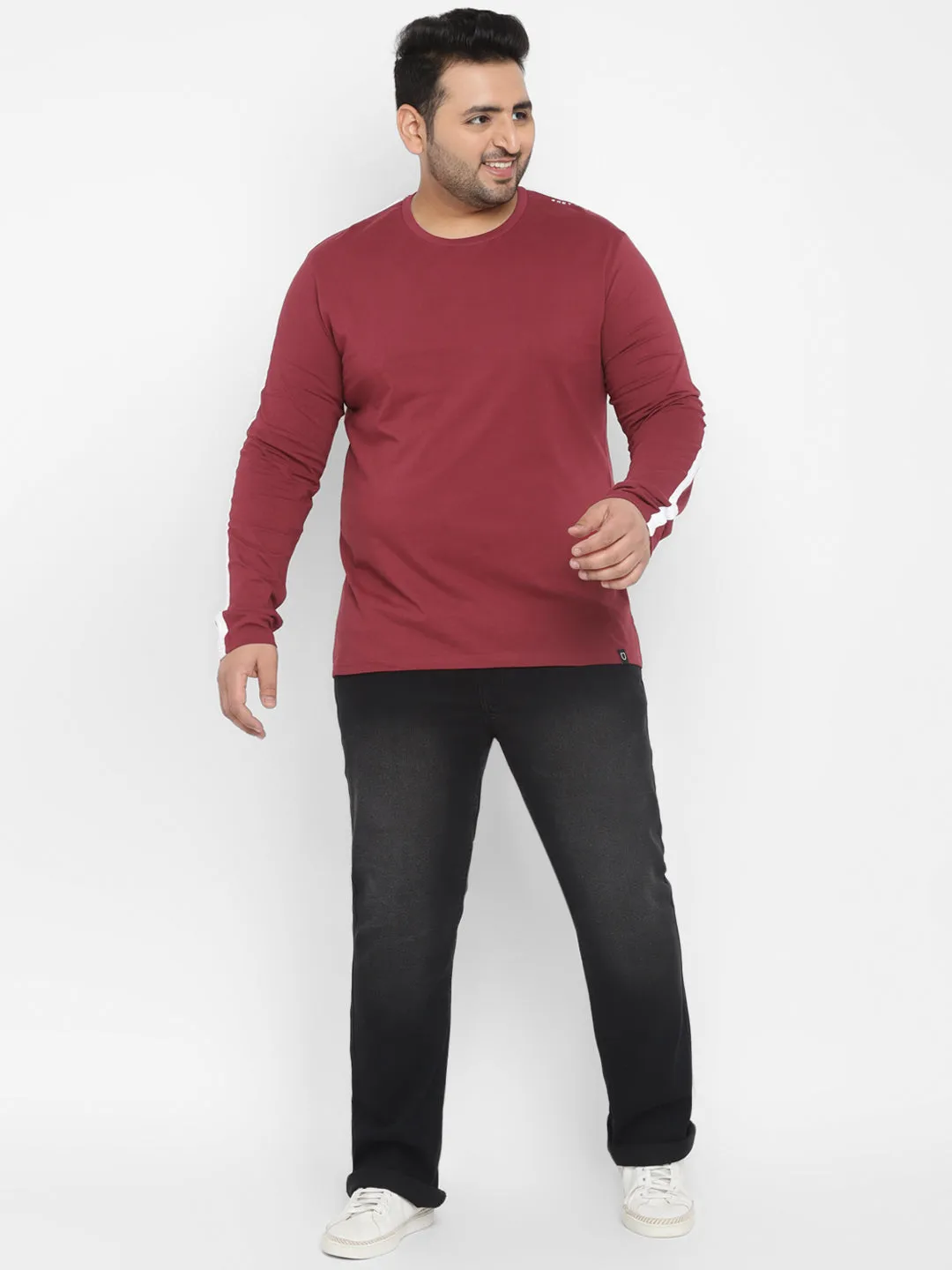 Plus Men's Maroon Color-Block Regular Fit Full Sleeve Cotton T-Shirt