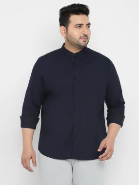 Plus Men's Navy Blue Cotton Full Sleeve Regular Fit Casual Solid Shirt with Mandarin Collar