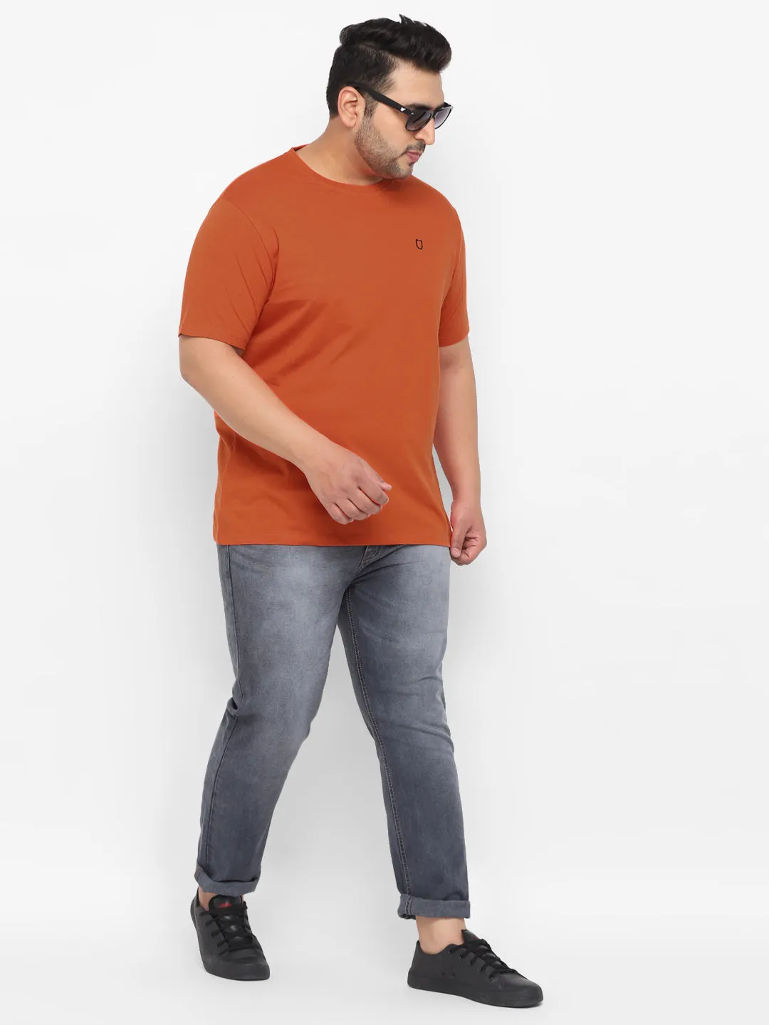 Plus Men's Orange Solid Regular Fit Round Neck Cotton T-Shirt