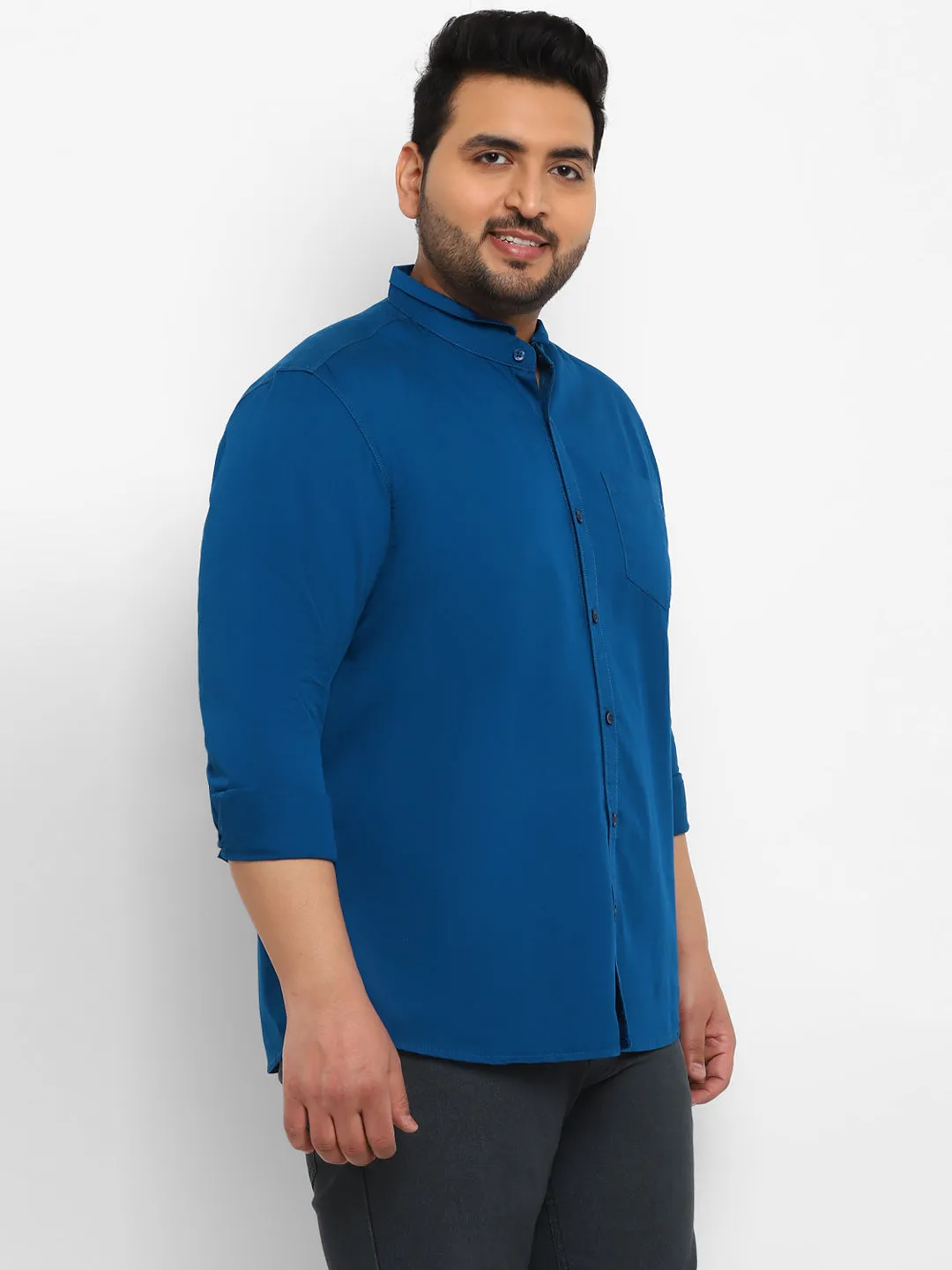 Plus Men's Royal Blue Cotton Full Sleeve Regular Fit Casual Solid Shirt with Mandarin Collar